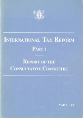 Publication cover with New Zealand coat of arms, Title - International tax reform - Part 1 - Report of the Consultative Committee, Publication date - March 1988