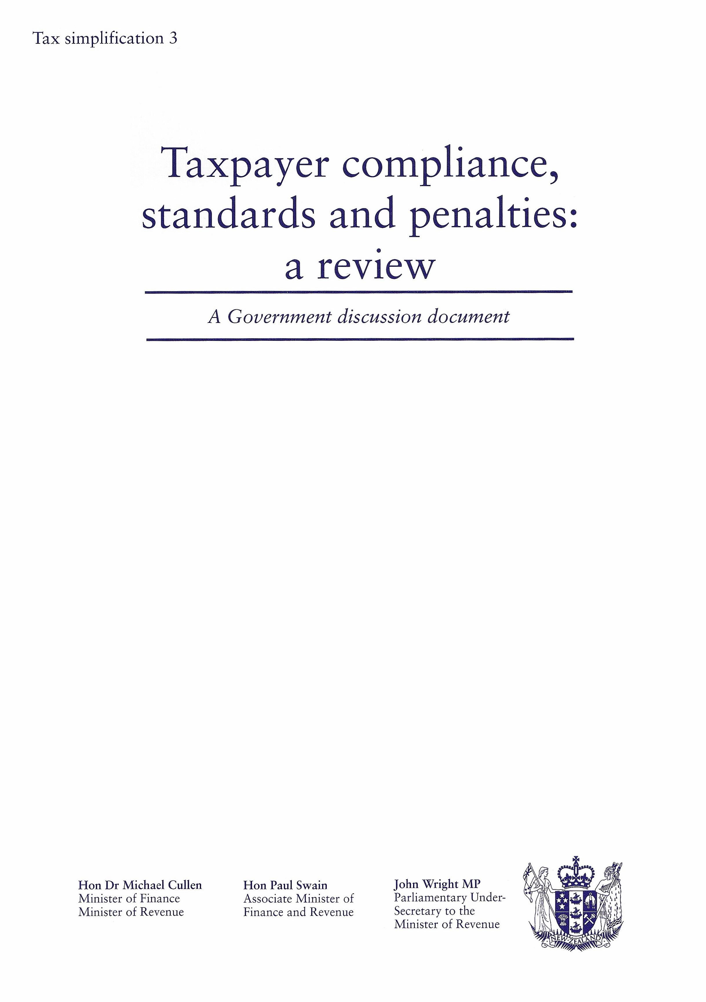 Publication cover image. Title = Taxpayer compliance, standards and penalties: a review - a Government discussion document. August 2001.