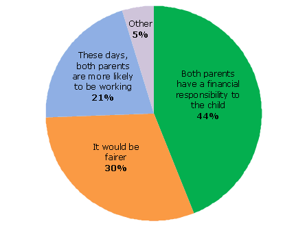 Pie chart - Question 1(a) - Both parents have a financial responsibility to the child (44%), It would be fairer (30%), These days, both parents are more likely to be working (21%), Other (5%)